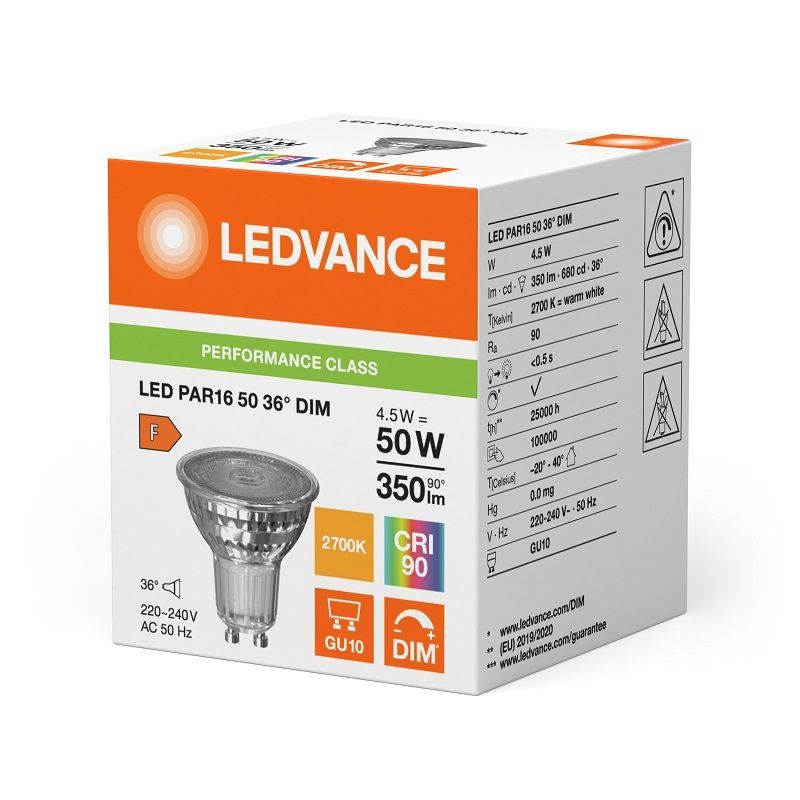 Лампа светодиодная 4.5W/927 (=50W) DIM 36° GU10 230V 350Lm | PERFORMANCE CLASS 5Y | - LEDVANCE