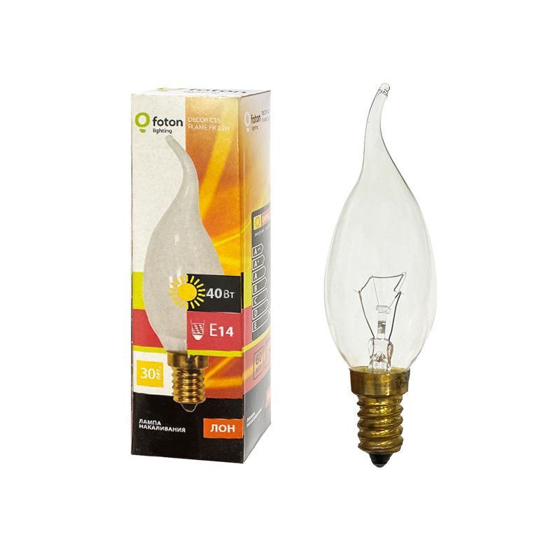 Лампа накаливания декоративная 40W/3000K E14 | Прозрачная | DECOR С35 FLAME CL | - FOTON LIGHTING