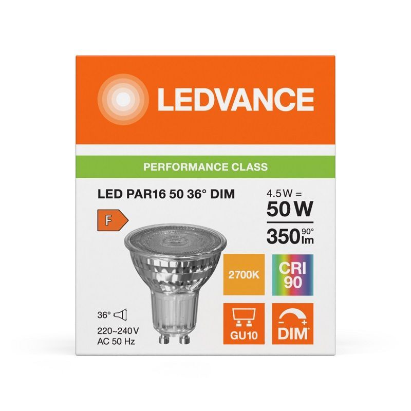 Лампа светодиодная 4.5W/927 (=50W) DIM 36° GU10 230V 350Lm | PERFORMANCE CLASS 5Y | - LEDVANCE